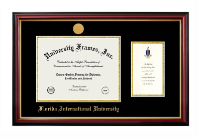 Florida International University Diploma with Announcement Frame in Petite Mahogany with Gold Trim with Black & Gold Mats for document: 8 1/2"h x 11"w  , diploma: 7"h x 4"w  