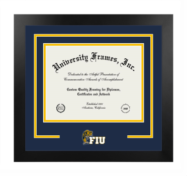 Florida International University Herbert Wertheim College of Medicine Logo Mat Frame in Manhattan Black with Navy Blue & Amber Mats for document: 8 1/2"h x 11"w  