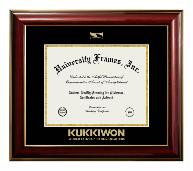 KUKKIWON - World taekwondo Headquarters Diploma Frame in Classic Mahogany with Gold Trim with Black & Gold Mats for document: 8 1/2"h x 11"w  