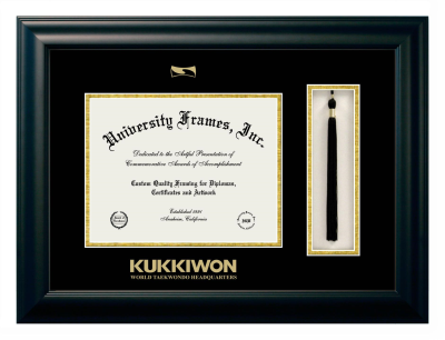 KUKKIWON - World taekwondo Headquarters Diploma with Tassel Box Frame in Satin Black with Black & Gold Mats for document: 8 1/2"h x 11"w  