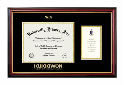KUKKIWON - World taekwondo Headquarters Diploma with Announcement Frame in Petite Mahogany with Gold Trim with Black & Gold Mats for document: 8 1/2"h x 11"w  , diploma: 7"h x 4"w  