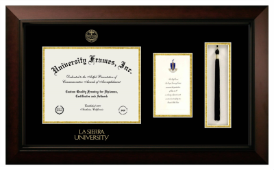 La Sierra University Diploma with Announcement & Tassel Box Frame in Legacy Black Cherry with Black & Gold Mats for document: 8 1/2"h x 11"w  , diploma: 7"h x 4"w  