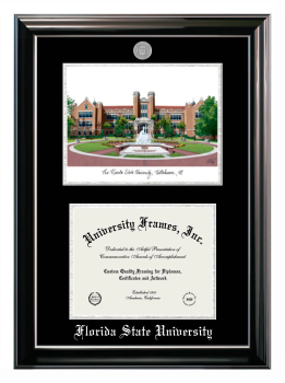 Florida State University Double Opening with Campus Image (Stacked) Frame in Classic Ebony with Silver Trim with Black & Silver Mats for document: 8 1/2"h x 11"w  