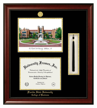 Florida State University College of Business Double Opening with Campus Image & Tassel Box (Stacked) Frame in Avalon Mahogany with Black & Gold Mats for document: 8 1/2"h x 11"w  