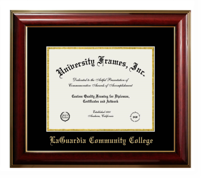 LaGuardia Community College Diploma Frame in Classic Mahogany with Gold Trim with Black & Gold Mats for document: 8 1/2"h x 11"w  
