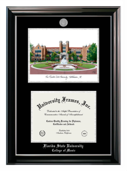 Florida State University College of Music Double Opening with Campus Image (Stacked) Frame in Classic Ebony with Silver Trim with Black & Silver Mats for document: 8 1/2"h x 11"w  