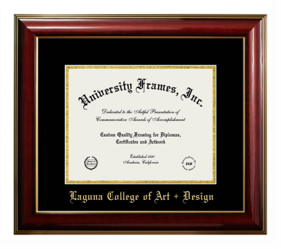 Laguna College of Art + Design Diploma Frame in Classic Mahogany with Gold Trim with Black & Gold Mats for document: 8 1/2"h x 11"w  