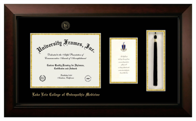Lake Erie College of Osteopathic Medicine Diploma with Announcement & Tassel Box Frame in Legacy Black Cherry with Black & Gold Mats for document: 8 1/2"h x 11"w  , diploma: 7"h x 4"w  