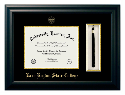 Lake Region State College Diploma with Tassel Box Frame in Satin Black with Black & Gold Mats for document: 8 1/2"h x 11"w  