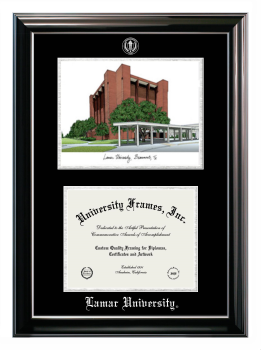 Lamar University Double Opening with Campus Image (Stacked) Frame in Classic Ebony with Silver Trim with Black & Silver Mats for document: 8 1/2"h x 11"w  