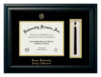 Lamar University College of Business Diploma with Tassel Box Frame in Satin Black with Black & Gold Mats for document: 8 1/2"h x 11"w  