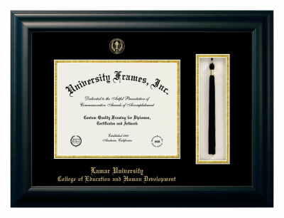 Lamar University College of Education and Human Development Diploma with Tassel Box Frame in Satin Black with Black & Gold Mats for document: 8 1/2"h x 11"w  