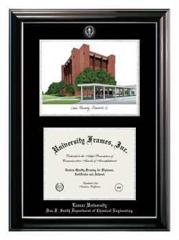 Lamar University Dan F. Smith Department of Chemical Engineering Double Opening with Campus Image (Stacked) Frame in Classic Ebony with Silver Trim with Black & Silver Mats for document: 8 1/2"h x 11"w  