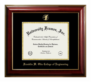 Franklin W. Olin College of Engineering Diploma Frame in Classic Mahogany with Gold Trim with Black & Gold Mats for document: 8"h x 10"w  