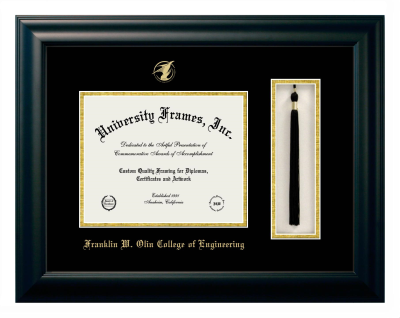 Franklin W. Olin College of Engineering Diploma with Tassel Box Frame in Satin Black with Black & Gold Mats for document: 8"h x 10"w  