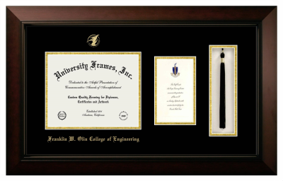Franklin W. Olin College of Engineering Diploma with Announcement & Tassel Box Frame in Legacy Black Cherry with Black & Gold Mats for document: 8"h x 10"w  , diploma: 7"h x 4"w  