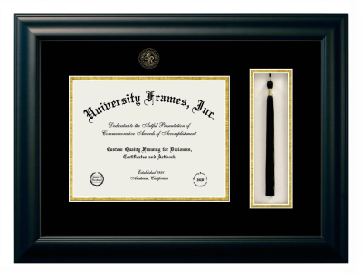Fresno City College Diploma with Tassel Box Frame in Satin Black with Black & Gold Mats for document: 8 1/2"h x 11"w  