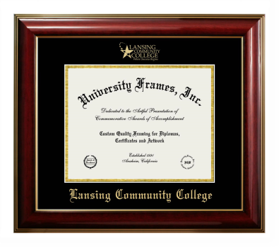 Lansing Community College Diploma Frame in Classic Mahogany with Gold Trim with Black & Gold Mats for document: 8 1/2"h x 11"w  