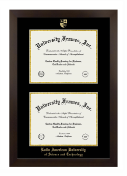 Latin American University of Science and Technology Double Diploma Frame in Manhattan Espresso with Black & Gold Mats for document: 8 1/2"h x 11"w  , document: 8 1/2"h x 11"w  