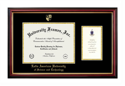 Latin American University of Science and Technology Diploma with Announcement Frame in Petite Mahogany with Gold Trim with Black & Gold Mats for document: 8 1/2"h x 11"w  , diploma: 7"h x 4"w  