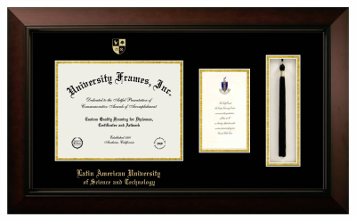 Latin American University of Science and Technology Diploma with Announcement & Tassel Box Frame in Legacy Black Cherry with Black & Gold Mats for document: 8 1/2"h x 11"w  , diploma: 7"h x 4"w  