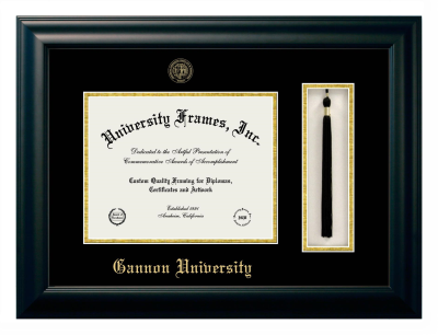 Gannon University Diploma with Tassel Box Frame in Satin Black with Black & Gold Mats for document: 8 1/2"h x 11"w  