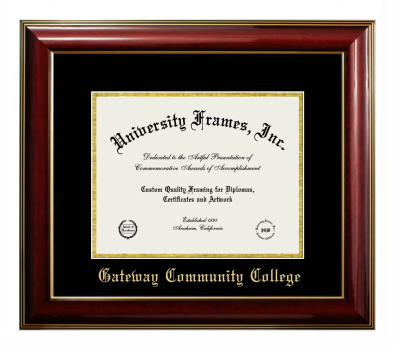 Gateway Community College (CT) Diploma Frame in Classic Mahogany with Gold Trim with Black & Gold Mats for document: 8 1/2"h x 11"w  