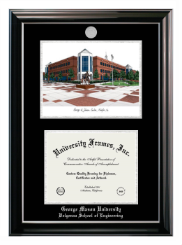 George Mason University Volgenau School of Engineering Double Opening with Campus Image (Stacked) Frame in Classic Ebony with Silver Trim with Black & Silver Mats for document: 8 1/2"h x 11"w  