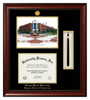 George Mason University Volgenau School of Engineering Double Opening with Campus Image & Tassel Box (Stacked) Frame in Avalon Mahogany with Black & Gold Mats for document: 8 1/2"h x 11"w  