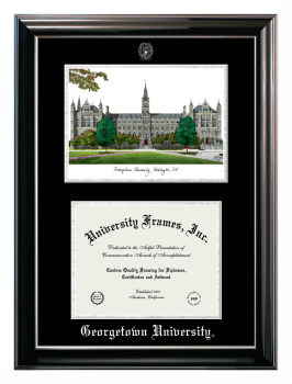 Georgetown University Double Opening with Campus Image (Stacked) Frame in Classic Ebony with Silver Trim with Black & Silver Mats for document: 8 1/2"h x 11"w  