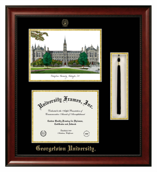 Georgetown University Double Opening with Campus Image & Tassel Box (Stacked) Frame in Avalon Mahogany with Black & Gold Mats for document: 8 1/2"h x 11"w  