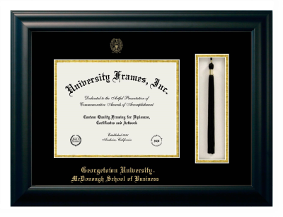 Georgetown University McDonough School of Business Diploma with Tassel Box Frame in Satin Black with Black & Gold Mats for document: 8 1/2"h x 11"w  