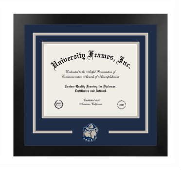 Georgetown University McDonough School of Business Logo Mat Frame in Manhattan Black with Navy Blue & Pearl Mats for document: 8 1/2"h x 11"w  