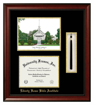 Liberty Home Bible Institute Double Opening with Campus Image & Tassel Box (Stacked) Frame in Avalon Mahogany with Black & Gold Mats for document: 8 1/2"h x 11"w  