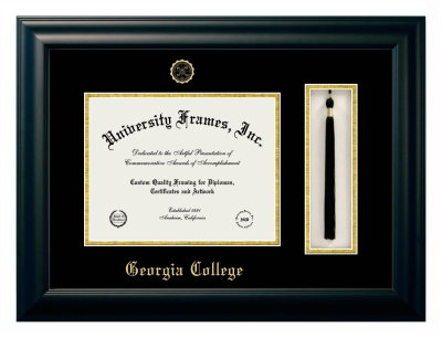 Georgia College Diploma with Tassel Box Frame in Satin Black with Black & Gold Mats for document: 8 1/2"h x 11"w  