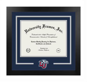 Liberty University Logo Mat Frame in Manhattan Black with Navy Blue & Gray Mats for document: 8 1/2"h x 11"w  