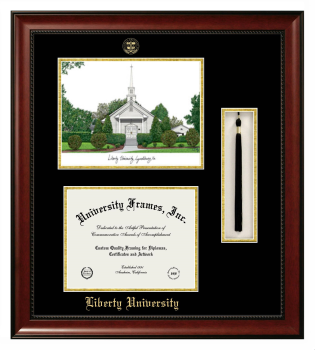 Liberty University Double Opening with Campus Image & Tassel Box (Stacked) Frame in Avalon Mahogany with Black & Gold Mats for document: 8 1/2"h x 11"w  