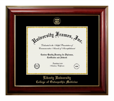 Liberty University College of Osteopathic Medicine Diploma Frame in Classic Mahogany with Gold Trim with Black & Gold Mats for document: 8 1/2"h x 11"w  