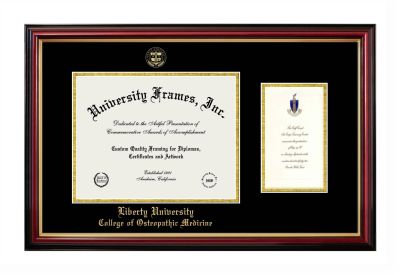 Liberty University College of Osteopathic Medicine Diploma with Announcement Frame in Petite Mahogany with Gold Trim with Black & Gold Mats for document: 8 1/2"h x 11"w  , diploma: 7"h x 4"w  