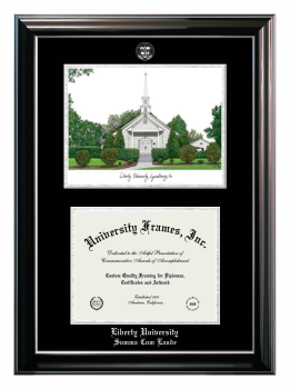 Liberty University Summa Cum Laude Double Opening with Campus Image (Stacked) Frame in Classic Ebony with Silver Trim with Black & Silver Mats for document: 8 1/2"h x 11"w  