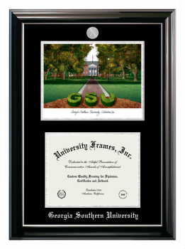 Georgia Southern University Double Opening with Campus Image (Stacked) Frame in Classic Ebony with Silver Trim with Black & Silver Mats for document: 8 1/2"h x 11"w  