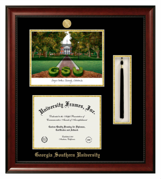 Georgia Southern University Double Opening with Campus Image & Tassel Box (Stacked) Frame in Avalon Mahogany with Black & Gold Mats for document: 8 1/2"h x 11"w  