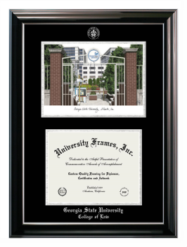 Georgia State University College of Law Double Opening with Campus Image (Stacked) Frame in Classic Ebony with Silver Trim with Black & Silver Mats for document: 8 1/2"h x 11"w  