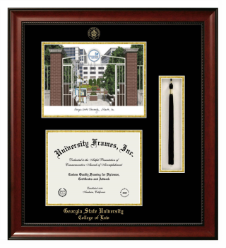 Georgia State University College of Law Double Opening with Campus Image & Tassel Box (Stacked) Frame in Avalon Mahogany with Black & Gold Mats for document: 8 1/2"h x 11"w  