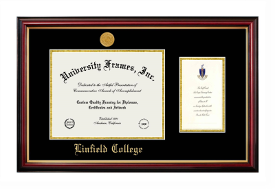 Linfield College Diploma with Announcement Frame in Petite Mahogany with Gold Trim with Black & Gold Mats for document: 8 1/2"h x 11"w  , diploma: 7"h x 4"w  
