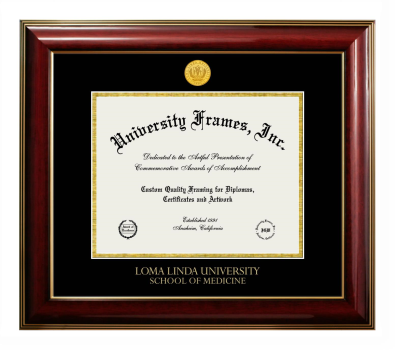 Loma Linda University School of Medicine Diploma Frame in Classic Mahogany with Gold Trim with Black & Gold Mats for document: 8 1/2"h x 11"w  