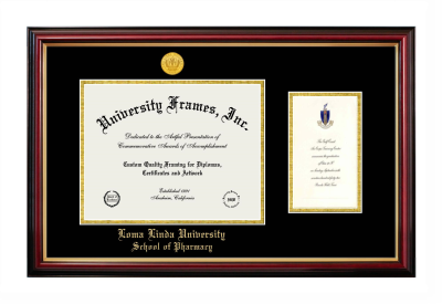 Loma Linda University School of Pharmacy Diploma with Announcement Frame in Petite Mahogany with Gold Trim with Black & Gold Mats for document: 8 1/2"h x 11"w  , diploma: 7"h x 4"w  