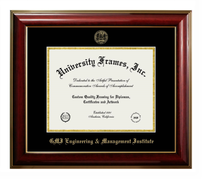 GMI Engineering & Management Institute Diploma Frame in Classic Mahogany with Gold Trim with Black & Gold Mats for document: 8 1/2"h x 11"w  
