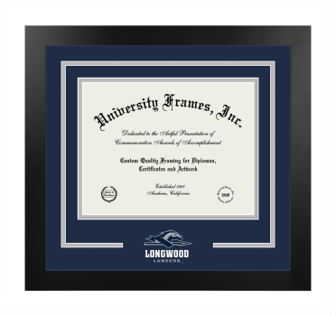 Longwood University Logo Mat Frame in Manhattan Black with Navy Blue & Gray Mats for document: 8 1/2"h x 11"w  