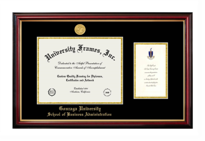Gonzaga University School of Business Administration Diploma with Announcement Frame in Petite Mahogany with Gold Trim with Black & Gold Mats for document: 8 1/2"h x 11"w  , diploma: 7"h x 4"w  